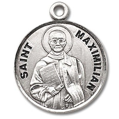 Sterling Silver 7/8" Round Saint St Maximilian Patron Medal with Stainless Steel Chain