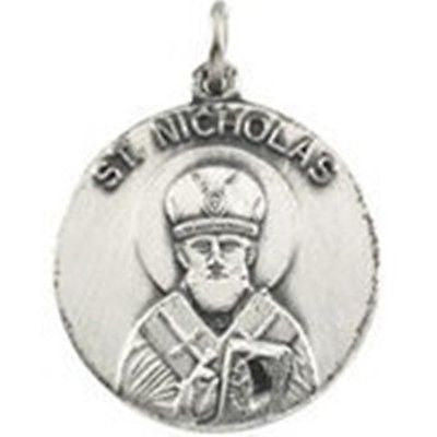 Saint St Nicholas Pray For Us Sterling Silver Medal  3/4" W  S Steel Chain 18"