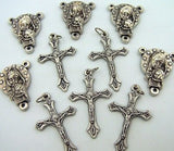 Mary with Child Jesus Centerpiece & Cross Crucifix Rosary Silver Tone Metal Parts Set of 10