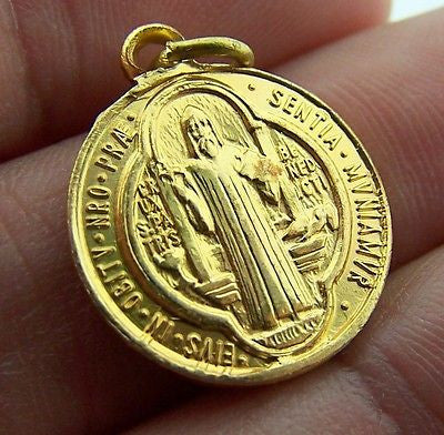 Saint St Benedict Gold Gilded Round Medal Jewelry Gift