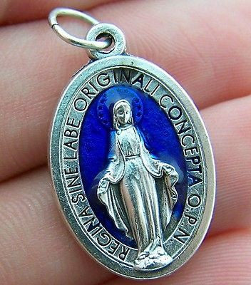 Miraculous Mary Enameled Blue Silver P Medal Pendant Italy Religious Charm
