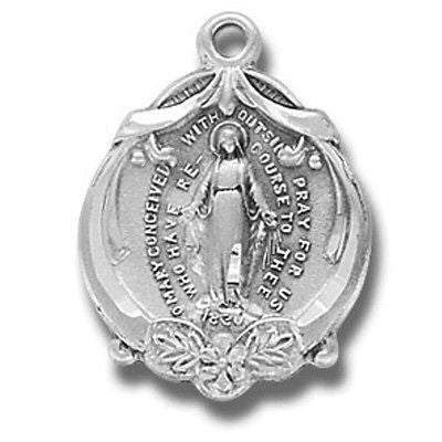 Sterling Silver Fancy Miraculous Mary Medal Gift with 18" Chain Boxed
