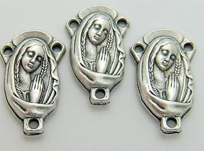 3 Lot Virgin Mary Praying Holy Rosary Centerpiece Silver Plate Italy .65"