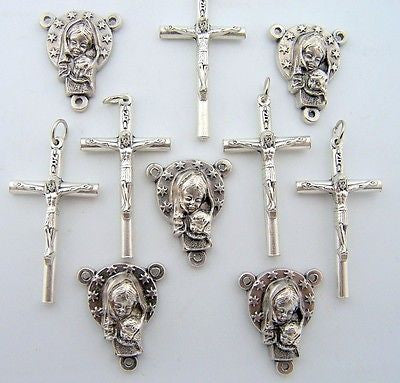 Cross Crucifix & Madonna Child Virign  Mary Rosary Center Piece Parts LOT 10