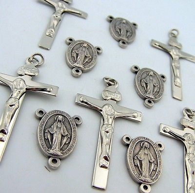 Silver P Crucifix Mary Rosary Center Piece Part Cross