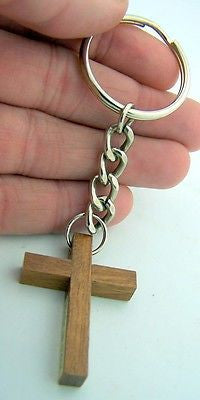 Catholic Key Chain Wood Plain Simple Crucifix Cross Keychain Silver Ring