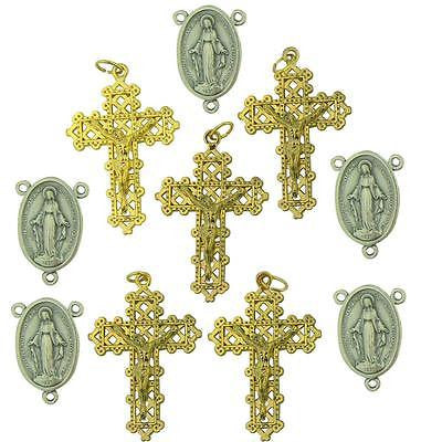 MRT Lot Of 10 Gold Plate Metal Crucifix Pendant & Miraculous Rosary Centerpiece