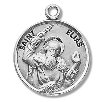 Sterling Silver 7/8" Round Saint St Elias Patron Medal with Stainless Steel Chain