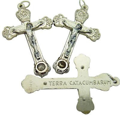 3 Relic Crucifix w Dirt From The Roman Catacombs Silver Plate Cross Italy 2"