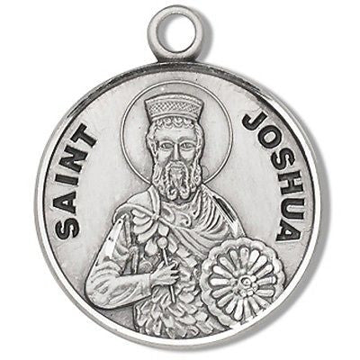 Sterling Silver 7/8" Round St Joshua 20" with Stainless Steel Chain Boxed Gift