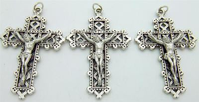 3 Silver Plate Lattice Crucifix Pendant Catholic Cross Gift 1 1/2" Italian