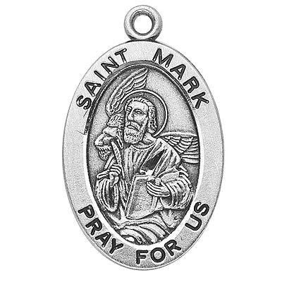 Sterling Silver 7/8" Oval St Mark Medal 20" with Stainless Steel Chain Boxed