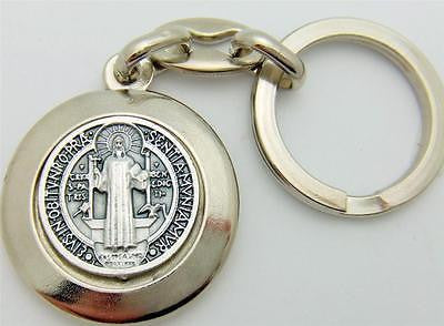 MRT St Benedict Medal Keychain Ring Silver Plate Protection Saint Car Travel 4"