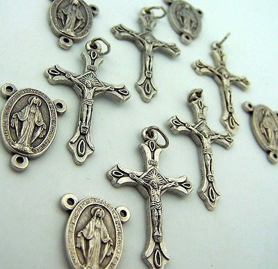 Cross Crucifix Miraculous Mary Rosary Silver Tone Medal 10 Piece Set