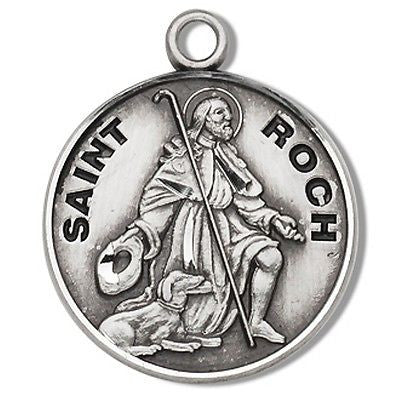 Sterling Silver 7/8" Round Patron St Saint Roch with 20" Stainless Steel Chain