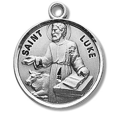 Sterling Silver Round St Luke Catholic Medal w 20" Stainless Steel Chain Boxed