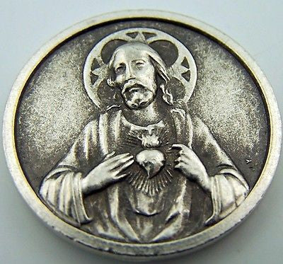 Catholic Medal Charm Prayer Pocket Token Sacred Heart Baby Jesus Antiqued Silver