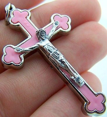 Silver P Crucifix New Born Baby Girl Child Pink Cross
