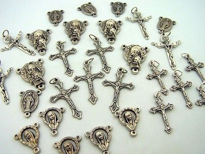 Crucifix Christ Mary Child Cross Rosary Silver Tone Metal Set of 30
