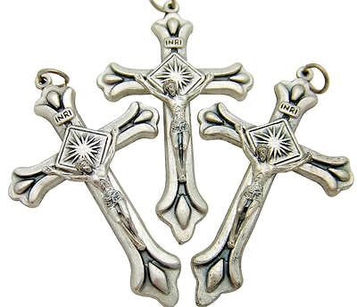 3 Silver Plate Sun Crucifix Catholic Petite Rosary Cross 1 1/4" Italian
