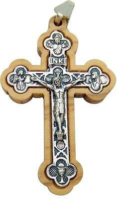 MRT Wood & Silver Plate Inlay Pectoral Crucifix Pendant Catholic Cross 2" Italy