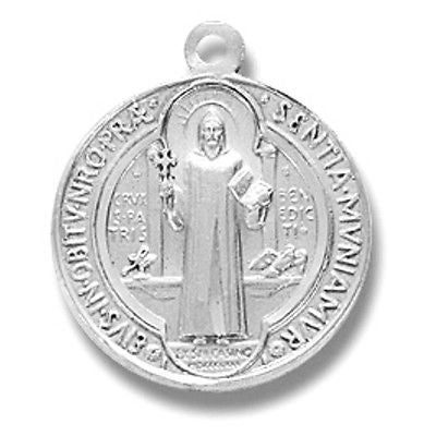 Sterling Silver Small Saint St Benedict Patron Medal w Stainless Chain Gift Boxd