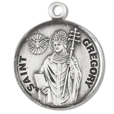 Sterling Silver 7/8" Round Saint St Gregory Patron Medal with Stainless Steel Chain