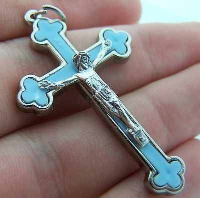Silver P Crucifix New Born Baby Boy Child Blue Cross