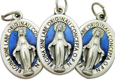 3 Miraculous Mary Medal Silver Plate & Blue Enamel Pendant Gift Italy 3/4"