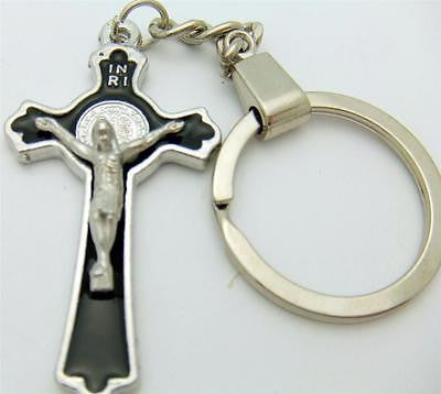 MRT St Benedict Cross Keychain Ring Silver Plate Protection Saint Car Travel 4"