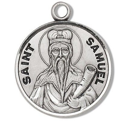 Sterling Silver 7/8" Round Saint St Samuel Patron Medal with Stainless Steel Chain