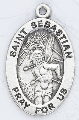 Sterling Silver 7/8" Oval St Sebastian Medal with Stainless Steel 20" Chain Boxed