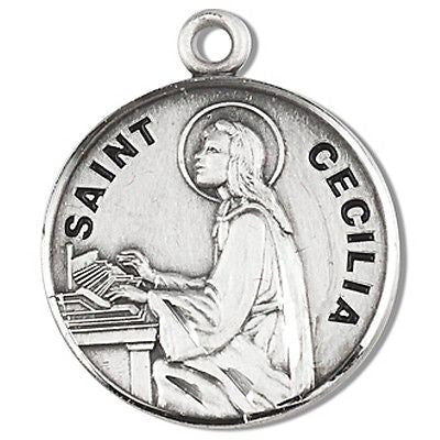 Sterling Silver 7/8" Round Saint St Cecilia Patron Saint Medal with Stainless Steel Chain