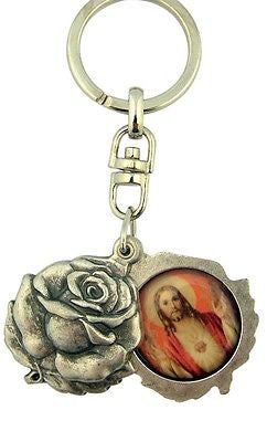 MRT Key Chain Ring Sacred Heart Jesus Immaculate Mary Silver Plate Saint Locket