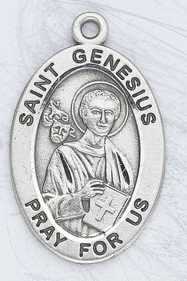 Sterling Silver 7/8" Oval St Genesius Medal with Stainless Steel 20" Chain and Gift Boxed