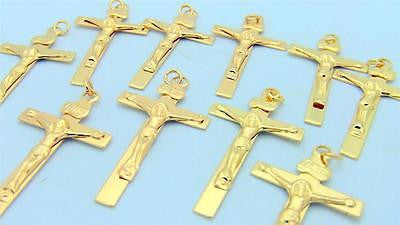 MRT Lot Of 10 Gold Plate Crucifix Pendant Medal Catholic Cross Holy Gift 1 1/4"