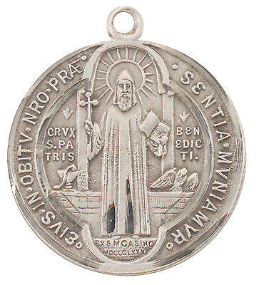 Sterling Silver Large Saint St Benedict Patron Medal w Chain & Boxed