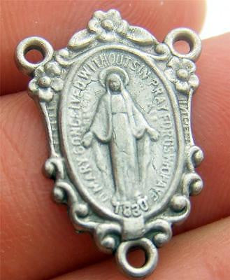 MRT Miraculous Mary Medal Rosary Oval Rose Centerpiece Silver Plate Italy 3/4"