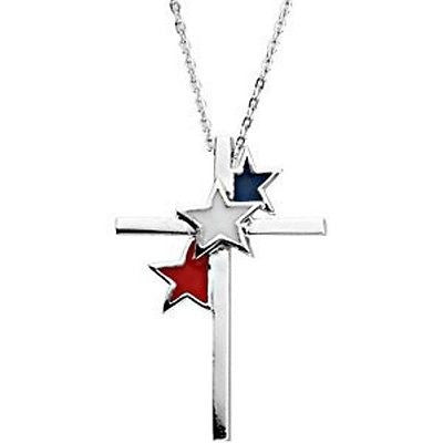 MRT One Nation.. Solid Sterling Silver Patriotic Cross Pendant Necklace 1 1/2"