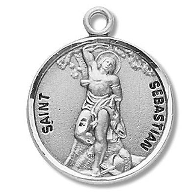Sterling Silver 7/8" Round Saint St Sebastian Patron Medal with Stainless Steel Chain