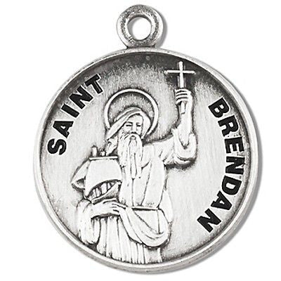 Sterling Silver 7/8" Round Saint St Brendan Patron Medal with Stainless Steel Chain
