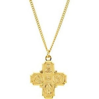 MRT Four Way Medal 24K Gold Over Sterling Silver Catholic Pendant Necklace 1.25"