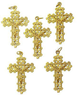 MRT Lot Of 5 Gold Plate Metal Crucifix Lattice Design Catholic Cross Pendant