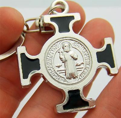 MRT Large St Benedict Medal Cross Keychain Ring Silver Plate Saint Car Travel 4"