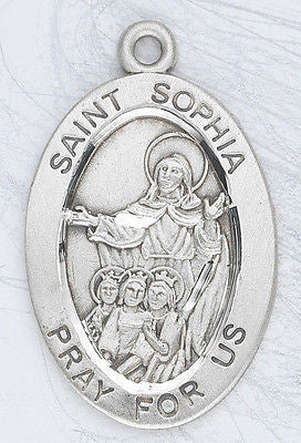 Sterling Silver 7/8" Saint St Sophia Patron Medal with Stainless Steel Chain Boxed