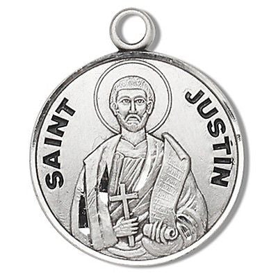 Sterling Silver 7/8" Round Saint St Justin Patron Medal with Stainless Steel Chain
