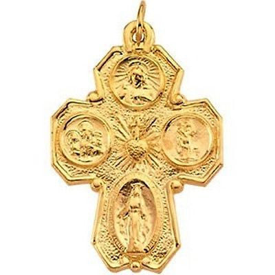 MRT Solid 14K Gold Four Way Scapular Medal Pendant w Necklace Catholic Cross 1"