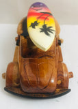 Wooden Model German Bug Surfer Car Handmade and Painted with Surfboard on Top, 5 Inch