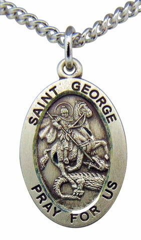 Sterling Silver 7/8" Oval St George Medal with Stainless Steel 20" Chain Boxed