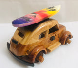 Wooden Model German Bug Surfer Car Handmade and Painted with Surfboard on Top, 5 Inch
